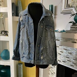 Free People Sunday Funday distressed Trucker jacket with pearls size S